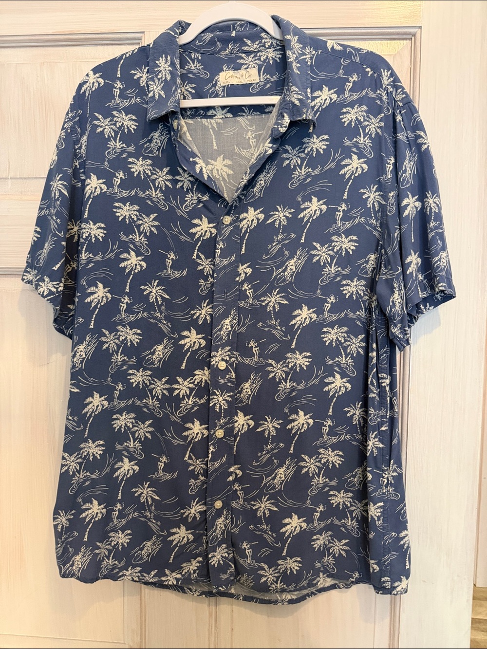 Casual Navy Palm-Print Short Sleeve Button-Down Shirt